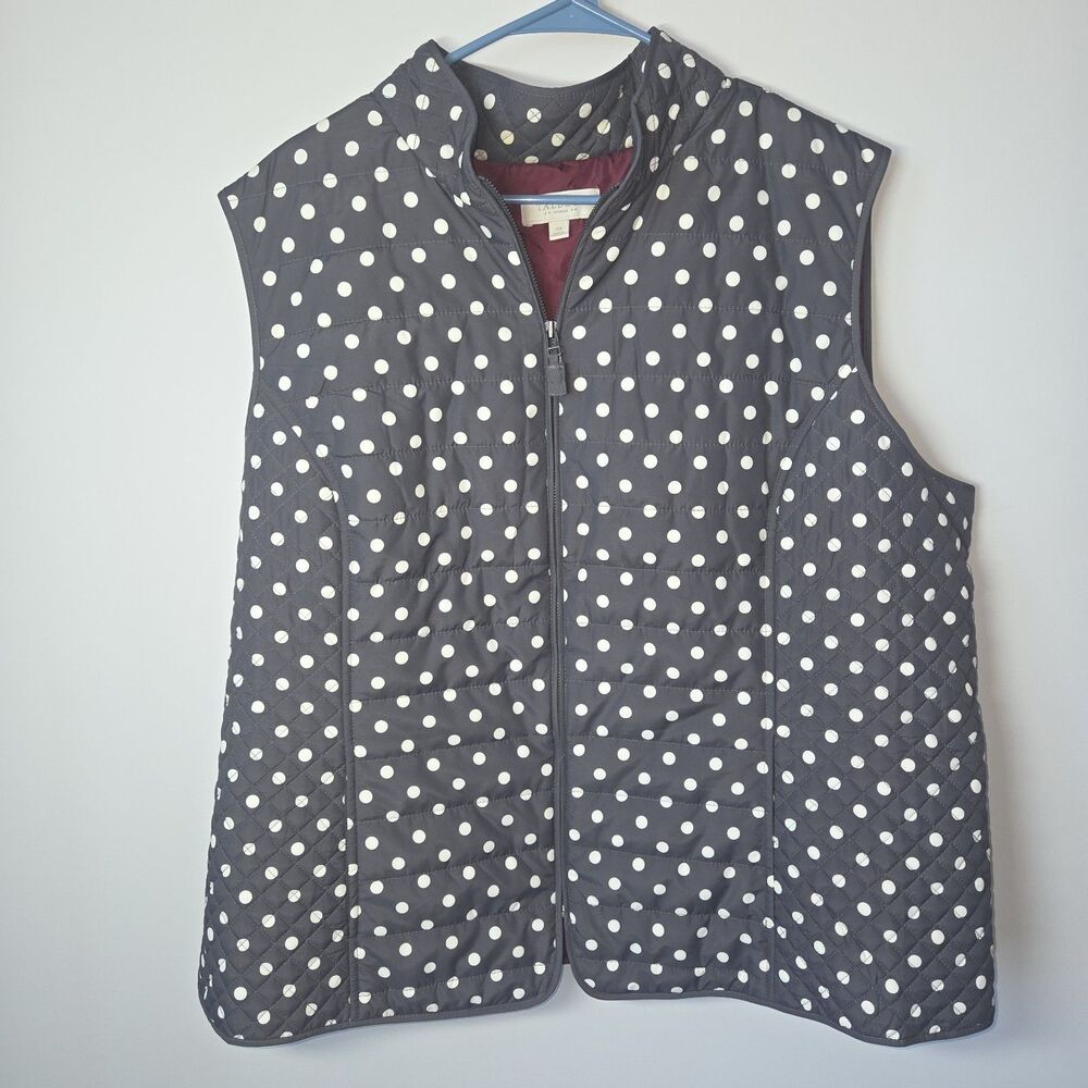 Talbots Woman 3X Quilted Polka Dot Vest Gray White Plus Size